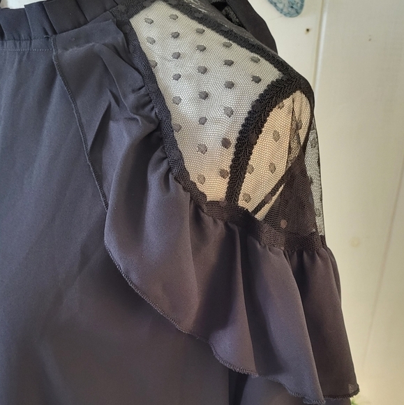 Dobby Mesh Dot Shoulder Ruffle Frill Trim Top Size 14 - Picture 7 of 12